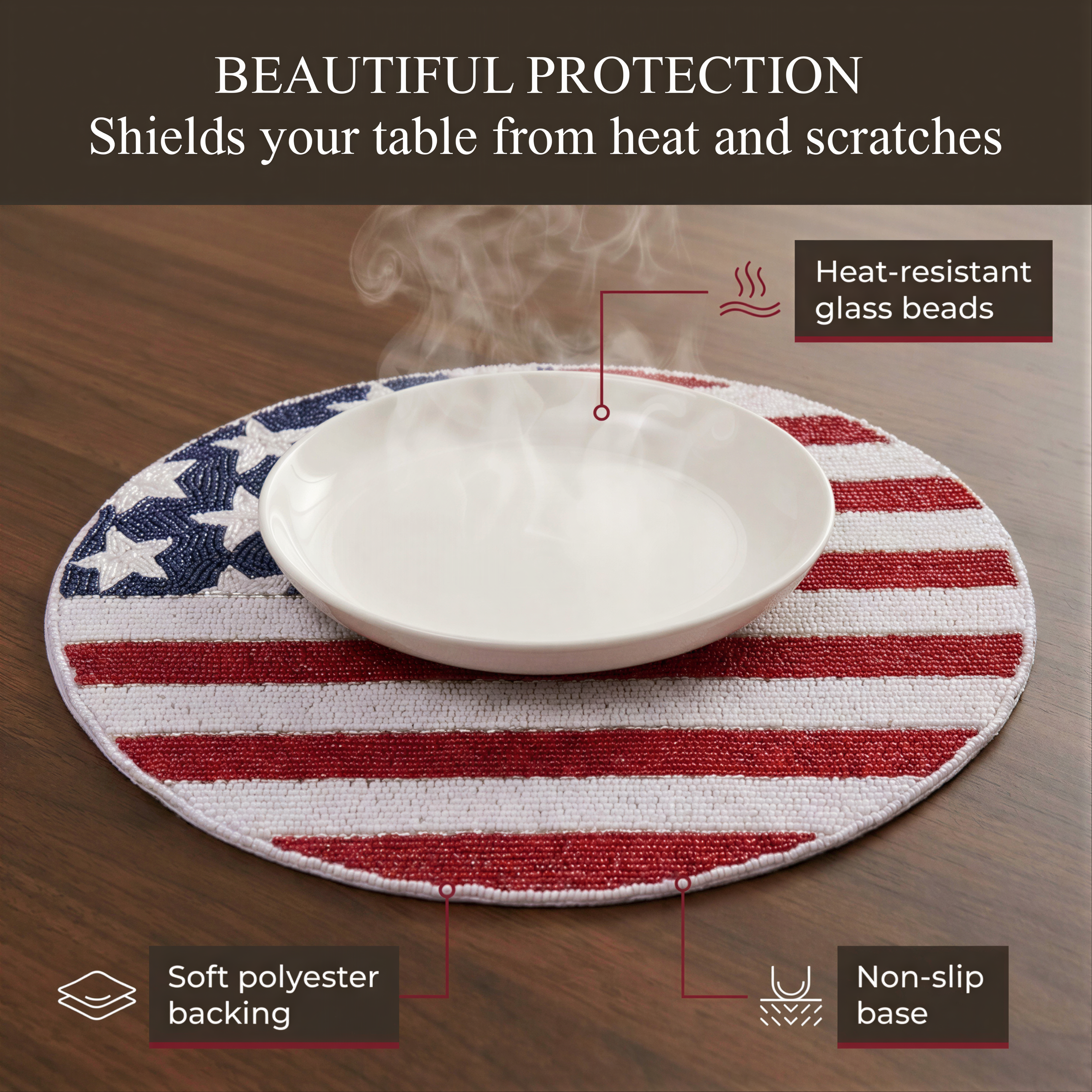 USA Flag Placemats – Round Beaded Placemats with Satin Backing | Handmade Table Decor