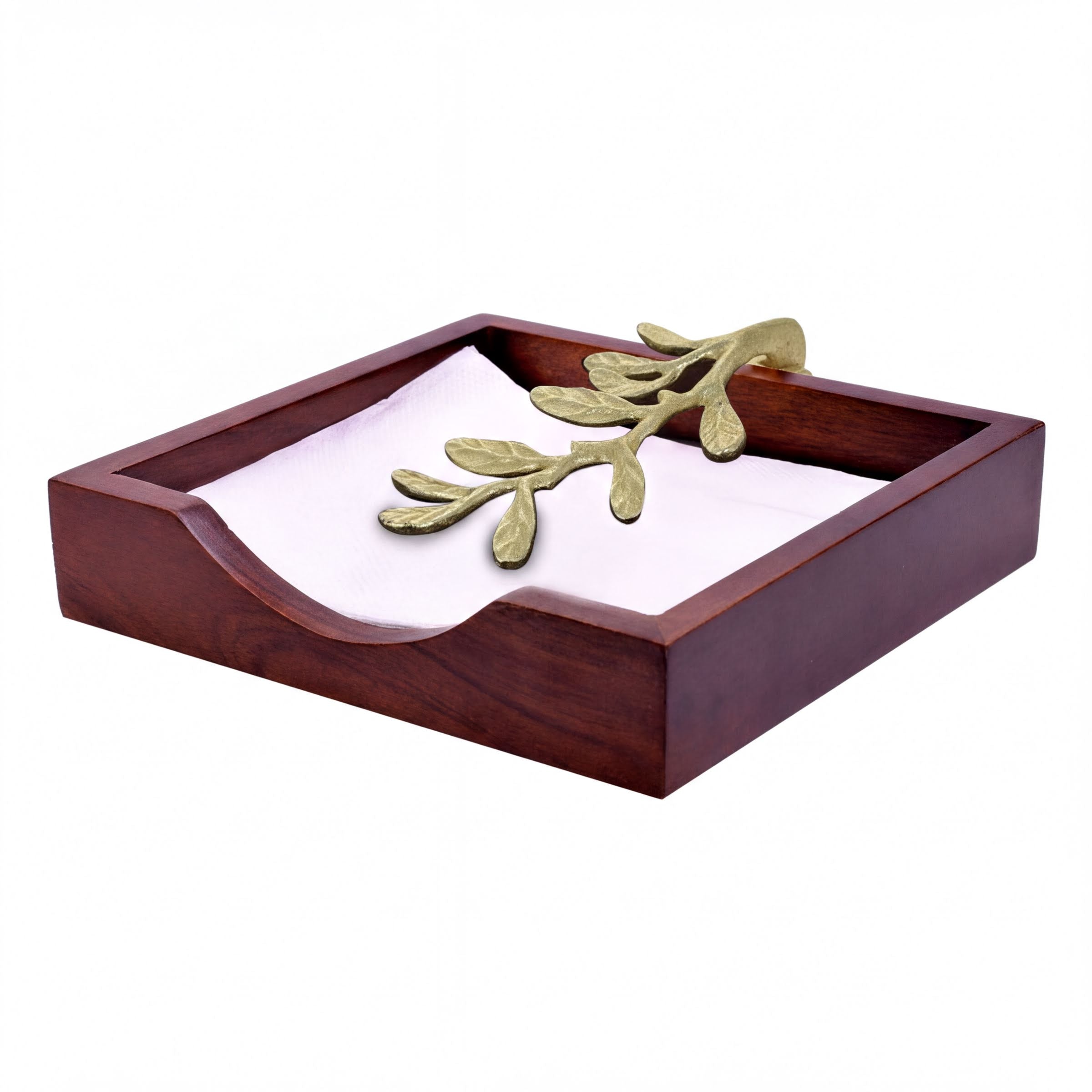 Wooden Napkin Holder – Solid Wood Tabletop Holder with Gold Finish & Weighted Metal Arm