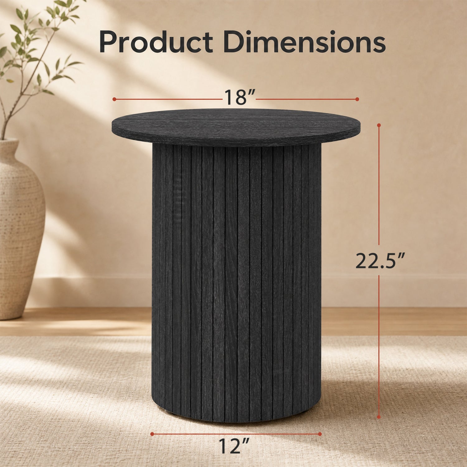 18" Round Fluted Side Table with Pedestal Drum Base