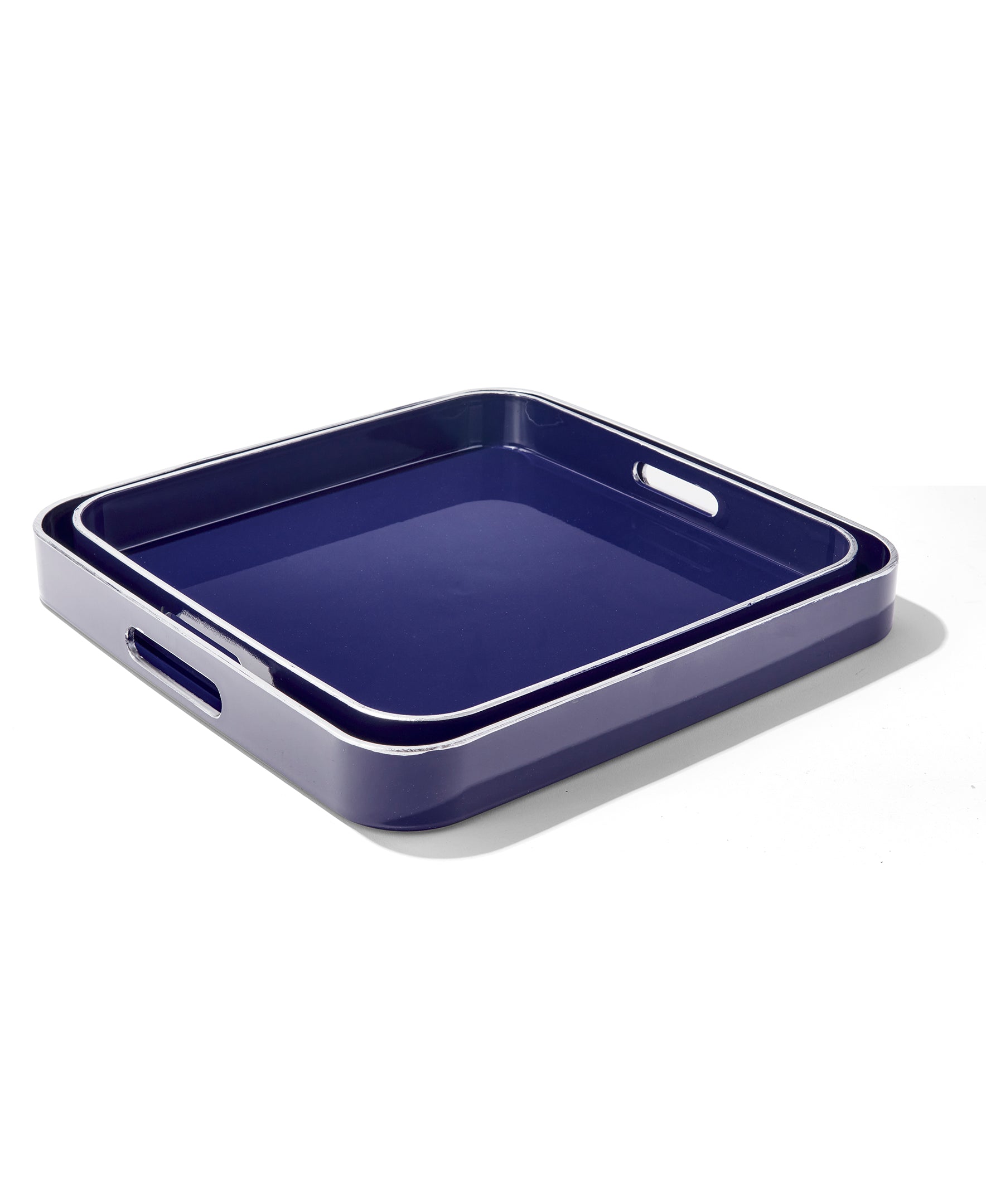 Navy Square Tray Set with Silver Rim, 2 Pieces