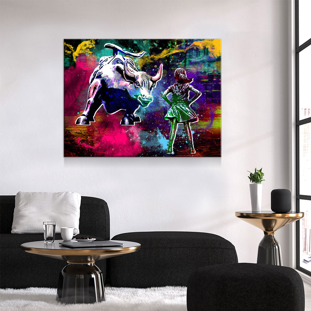 Fearless Girl Charging Bull Statue Canvas Wall Art, Charging Bull Wall Street Art