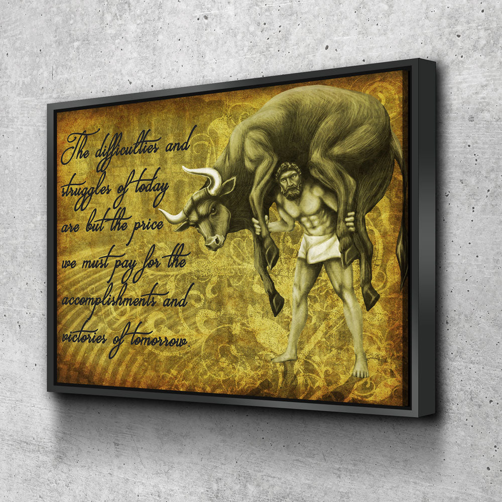Milo Of Croton Olympian Greek Culture Canvas Wall Art, Milo The Olympic Wrestler Quote On Canvas
