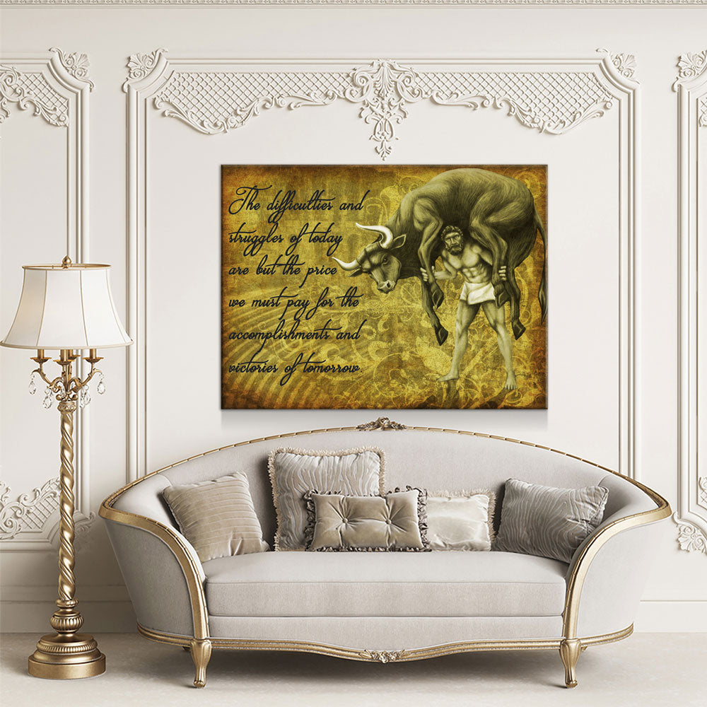 Milo Of Croton Olympian Greek Culture Canvas Wall Art, Milo The Olympic Wrestler Quote On Canvas
