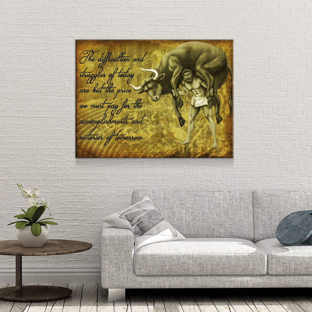 Milo Of Croton Olympian Greek Culture Canvas Wall Art, Milo The Olympic Wrestler Quote On Canvas