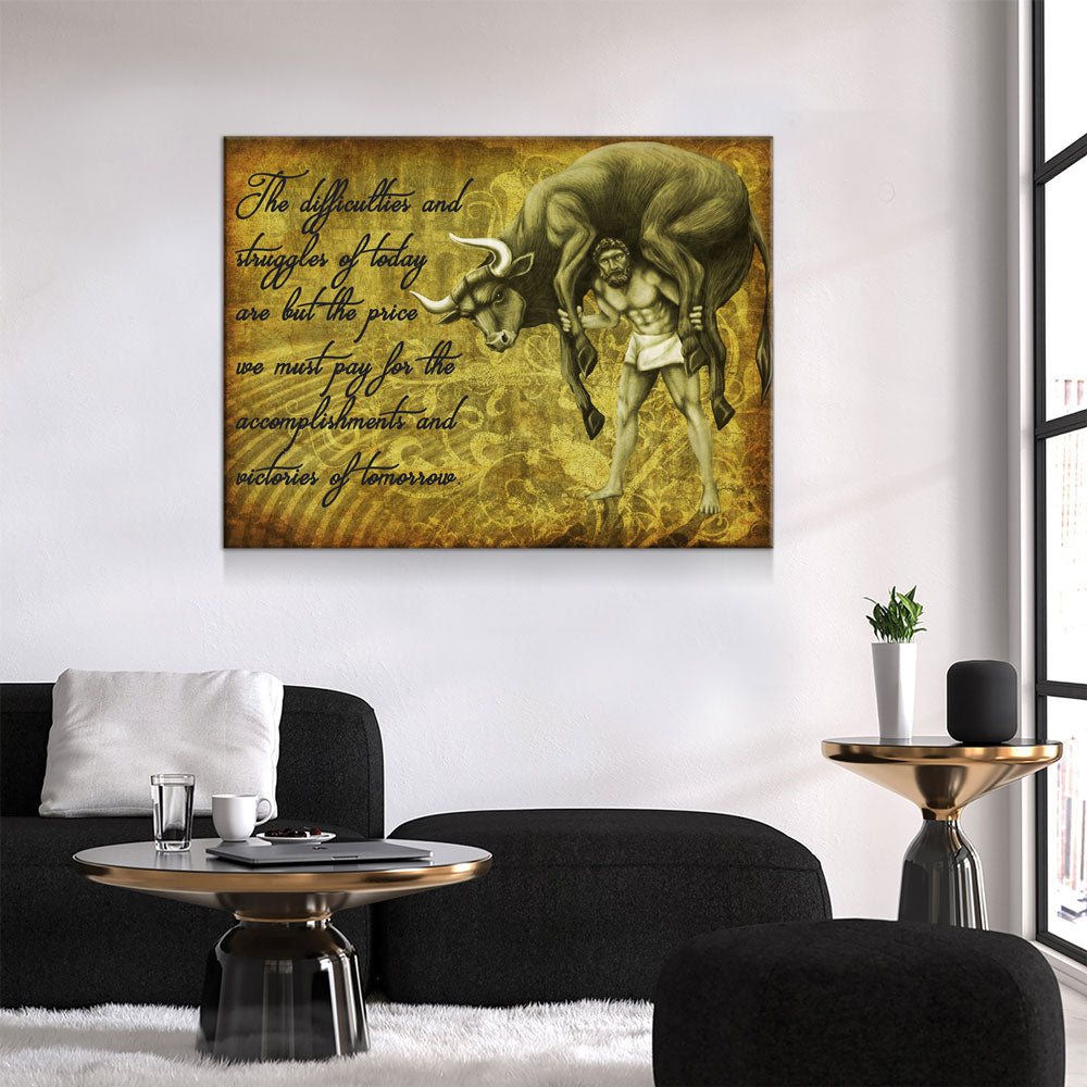 Milo Of Croton Olympian Greek Culture Canvas Wall Art, Milo The Olympic Wrestler Quote On Canvas