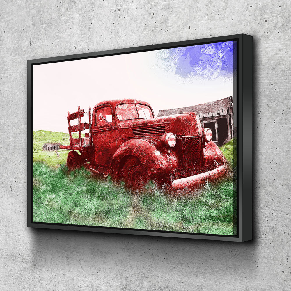 Old Red Farm Truck Abstract Canvas Wall Art, Old Farm Truck Art