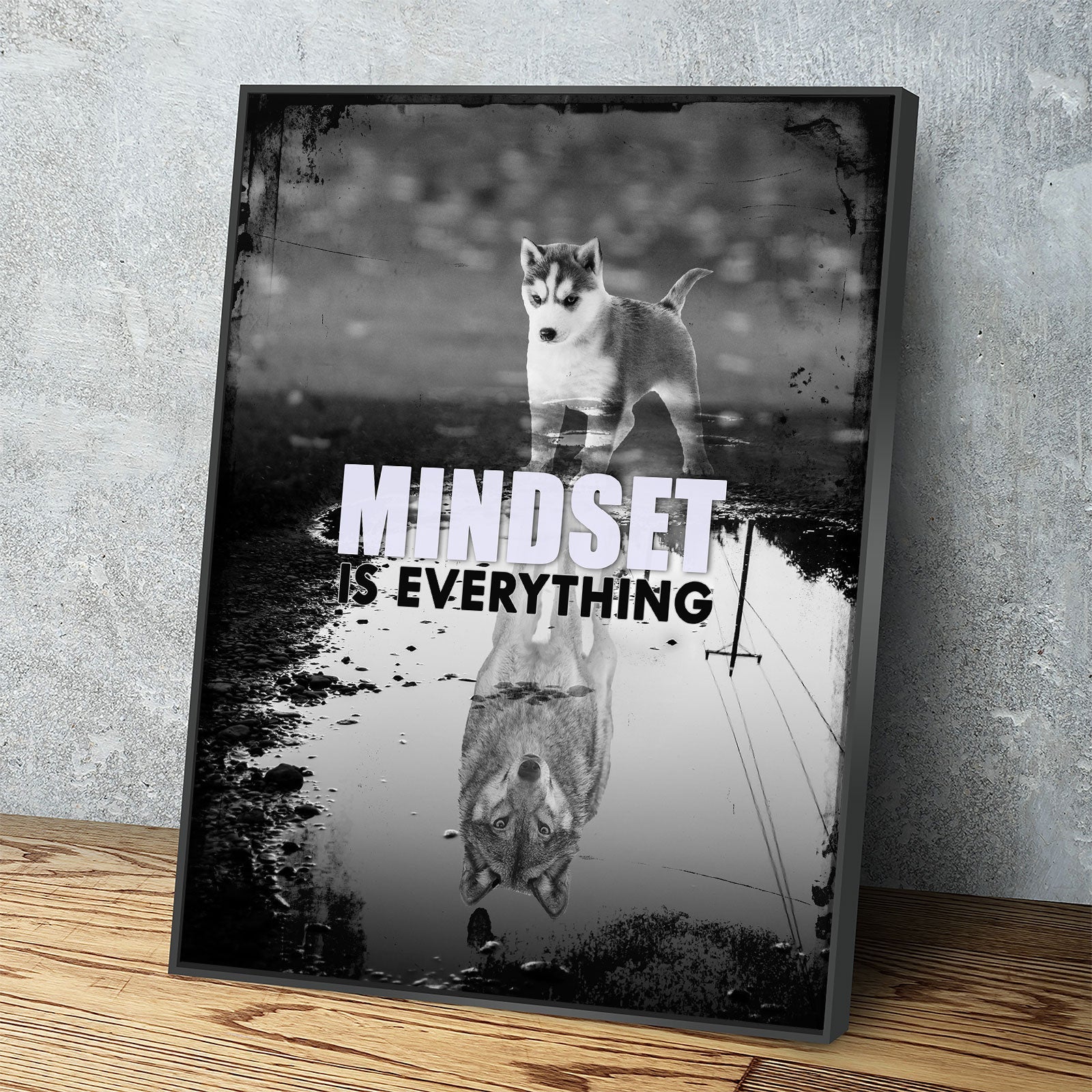 Mindset Is Everything Canvas Wall Art, Motivational Decor, Husky & Wolf Reflection