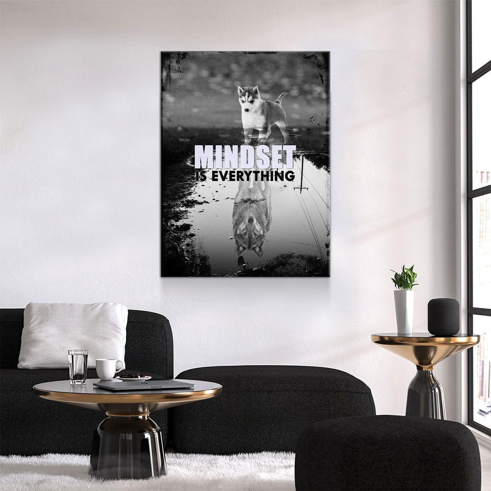 Mindset Is Everything Canvas Wall Art, Motivational Decor, Husky & Wolf Reflection