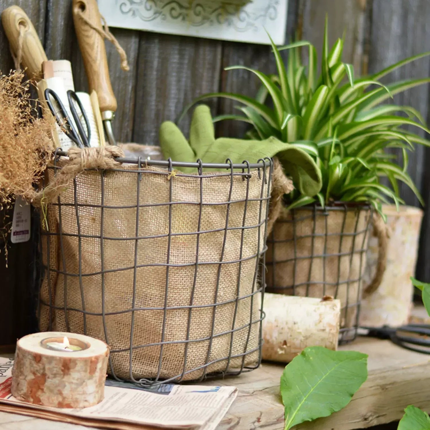 Rustic Wire & Burlap Planter Basket