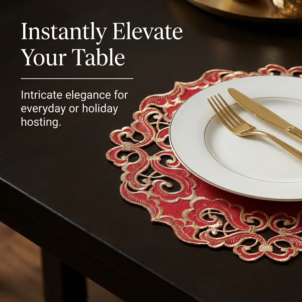 Burgundy Gold Doilies – Granada Collection Embroidered Table Doilies 15 Inch