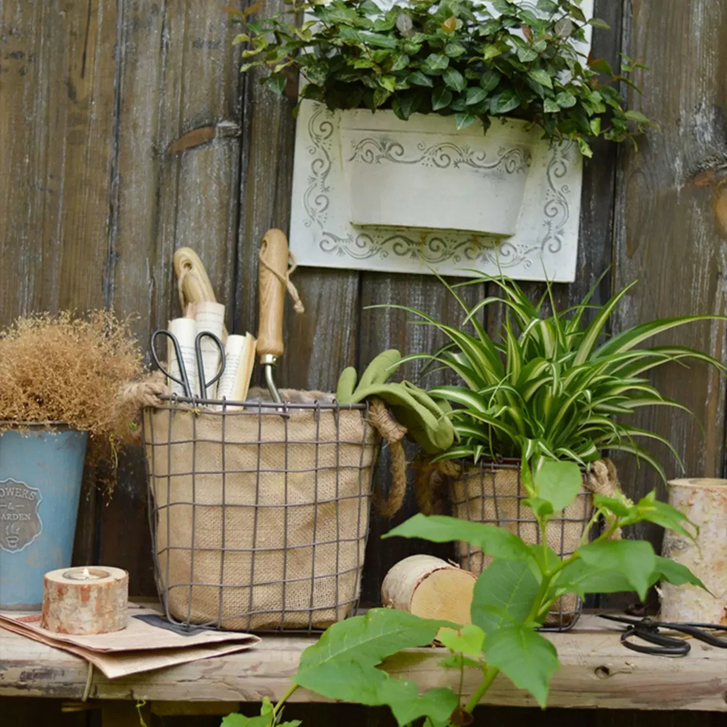 Rustic Wire & Burlap Planter Basket