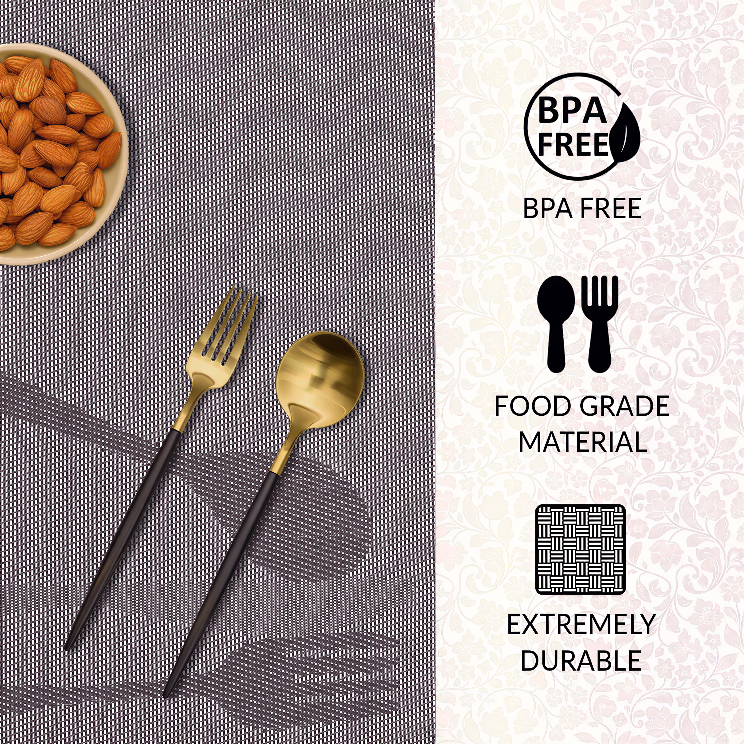 Vinyl Placemats - Devonshire Light Brown Table Protectors | Washable, Non Slip Mats