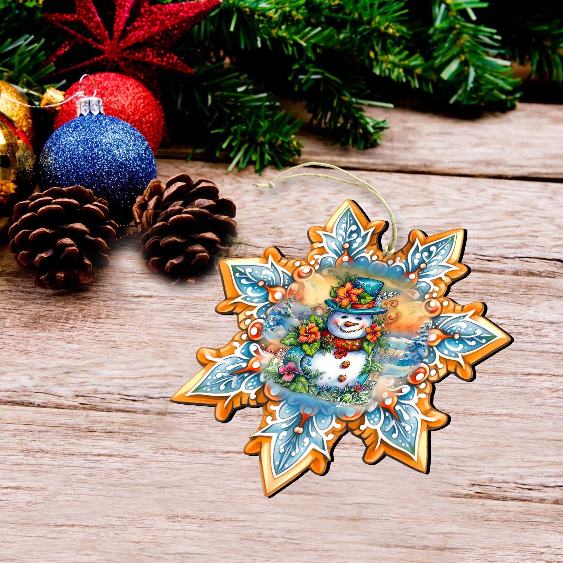 Happy Snowman Snowflake Eco Wood Ornaments Set of 3 by G. Debrekht - Christmas Decor - 8090149-S3