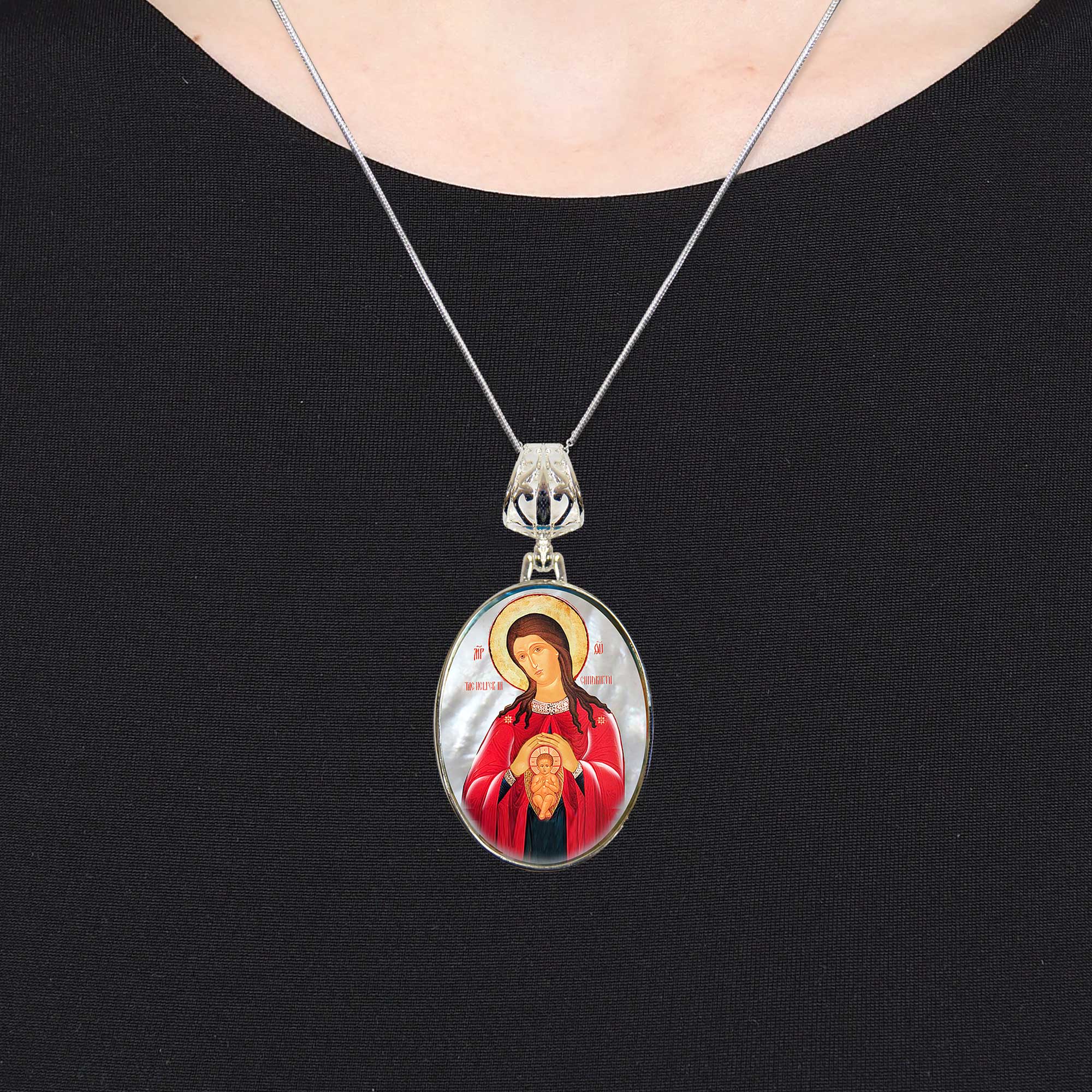 Blessed Virgin Mary Patron Silver Plated Mother of Pearl Jewelry Necklace - 43017
