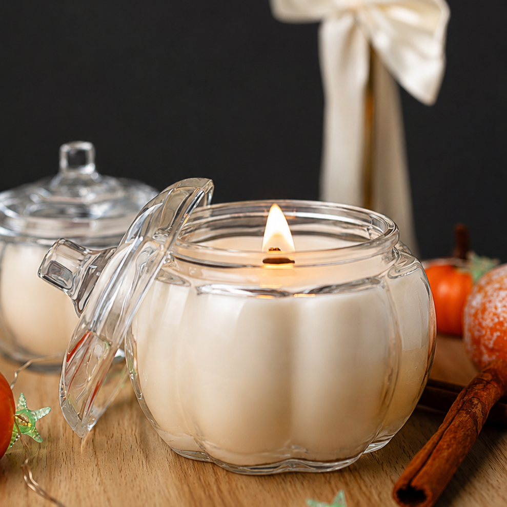 Pumpkin Glass Candle with Lid | Fall Home Decor | Autumn Candle Gift