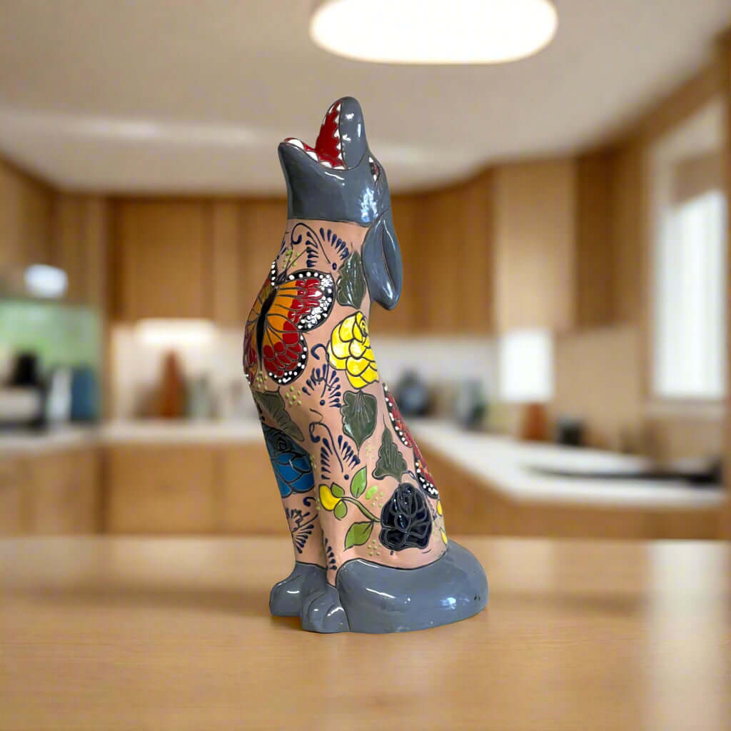 Talavera Howling Coyote Statue | Handmade Mexican Desert Animal Decor