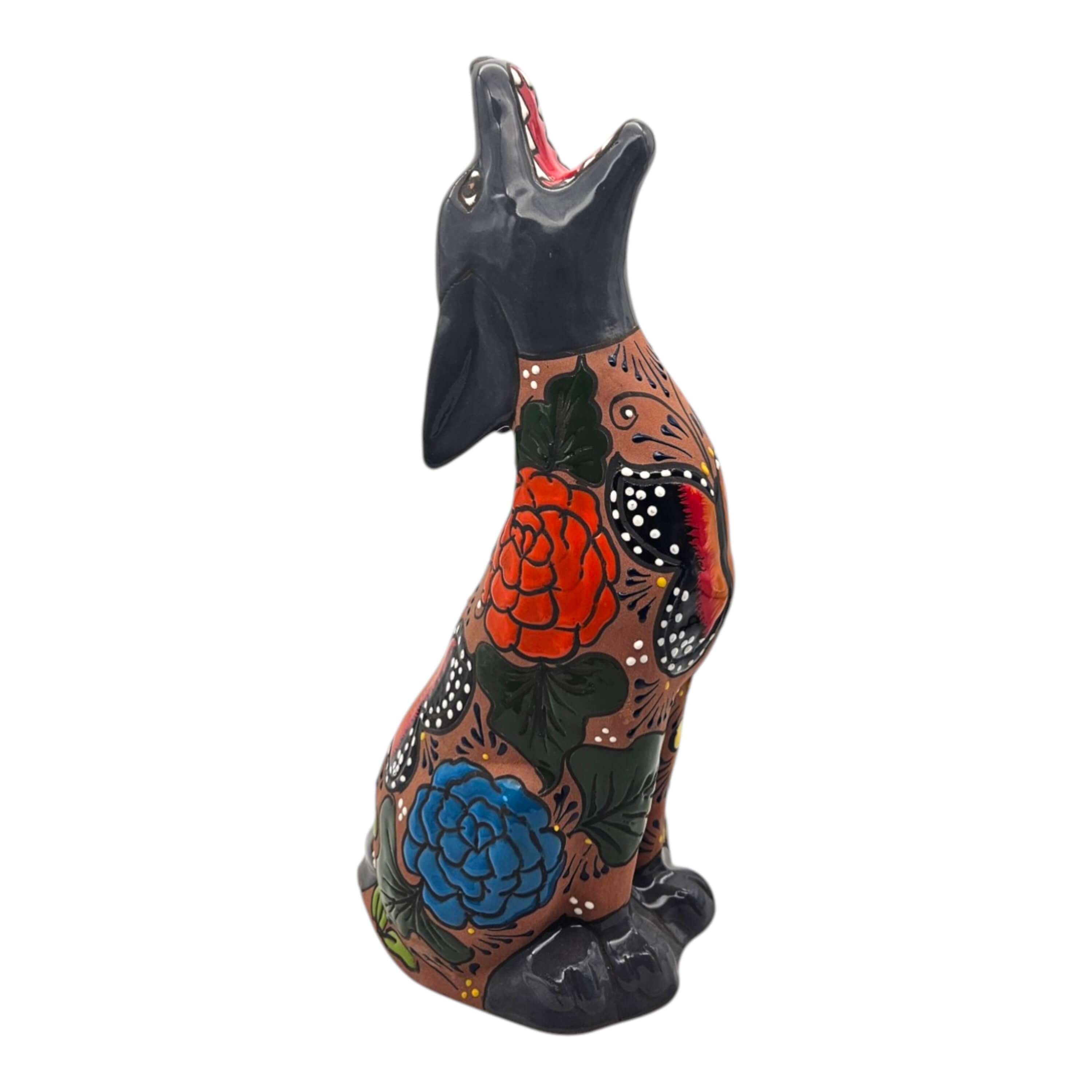 Talavera Howling Coyote Statue | Handmade Mexican Desert Animal Decor