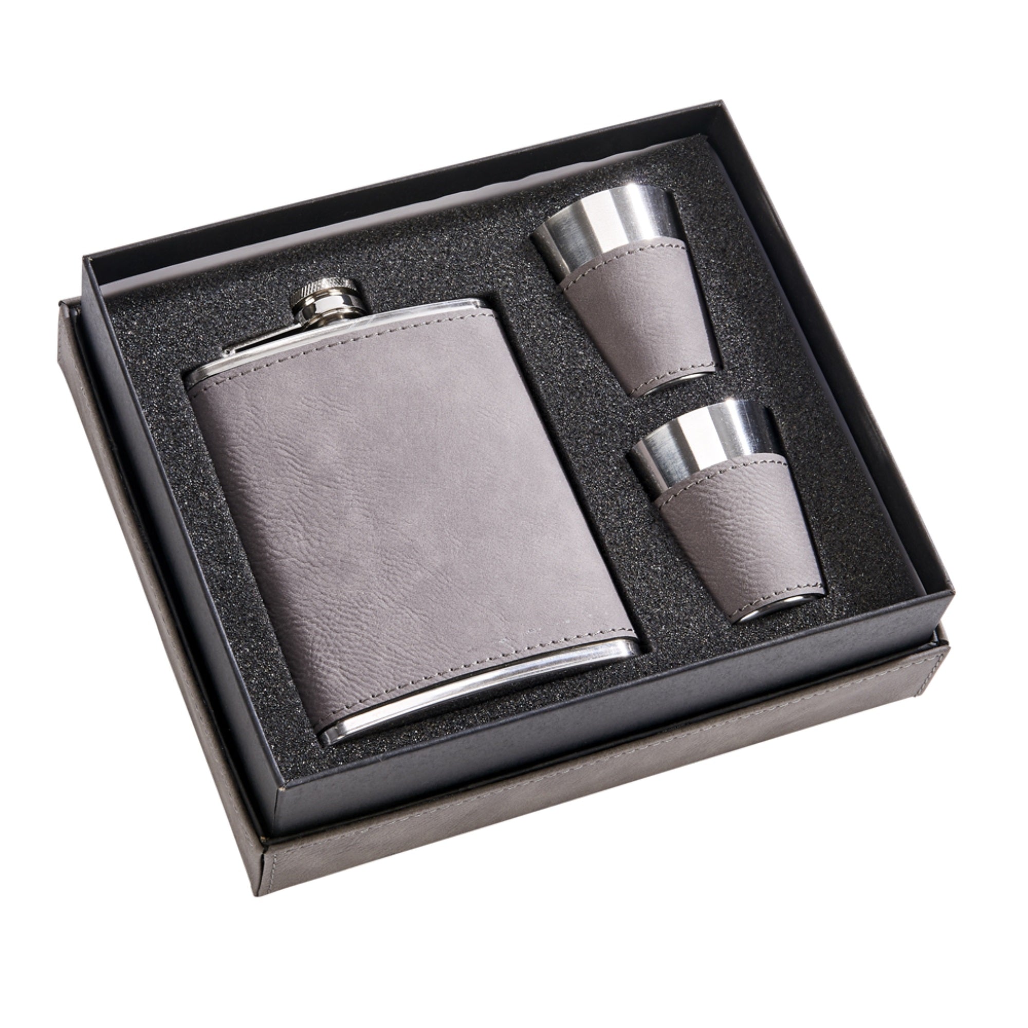 Leatherette Box/8 Oz Flask/2 Cups Grey