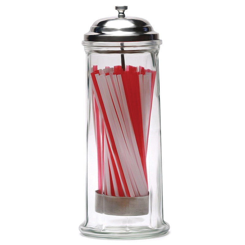 Clear Glass Straw Holder with Chrome Lid - Straws Included