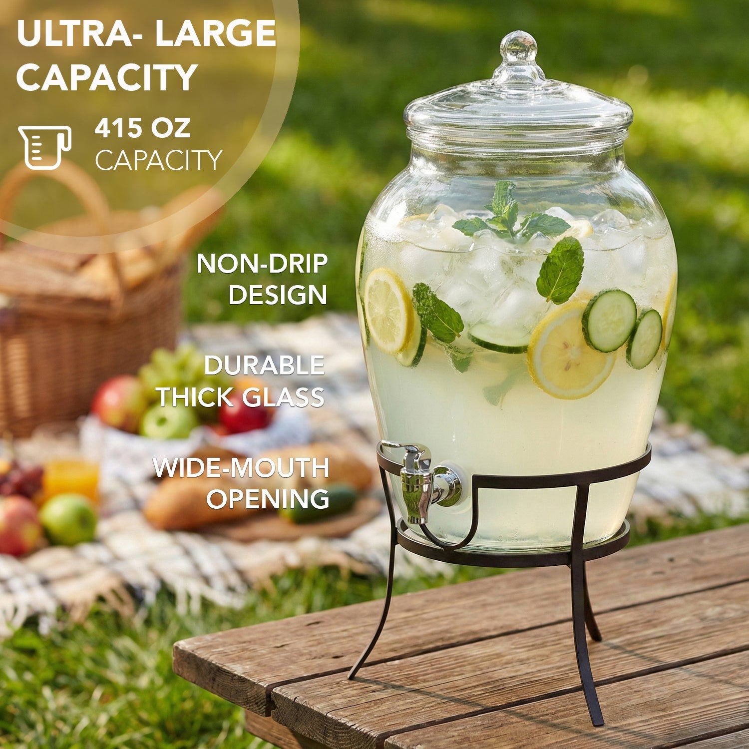Beverage Dispenser with Metal Rack & Glass Lid 2.7 Gal