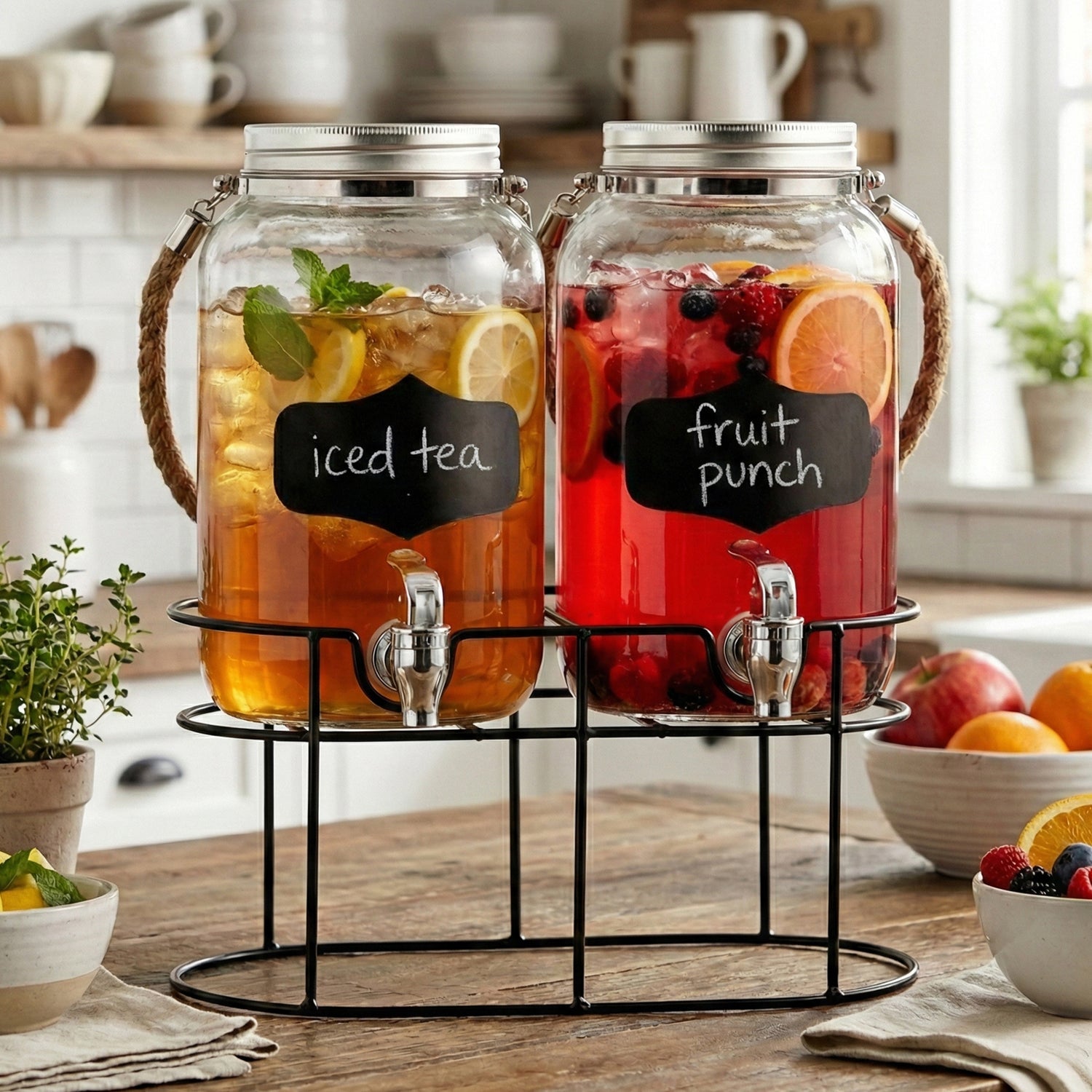 Trent Chalkboard Beverage Dispenser Set with stand & Rope Handle 1 Gal Each