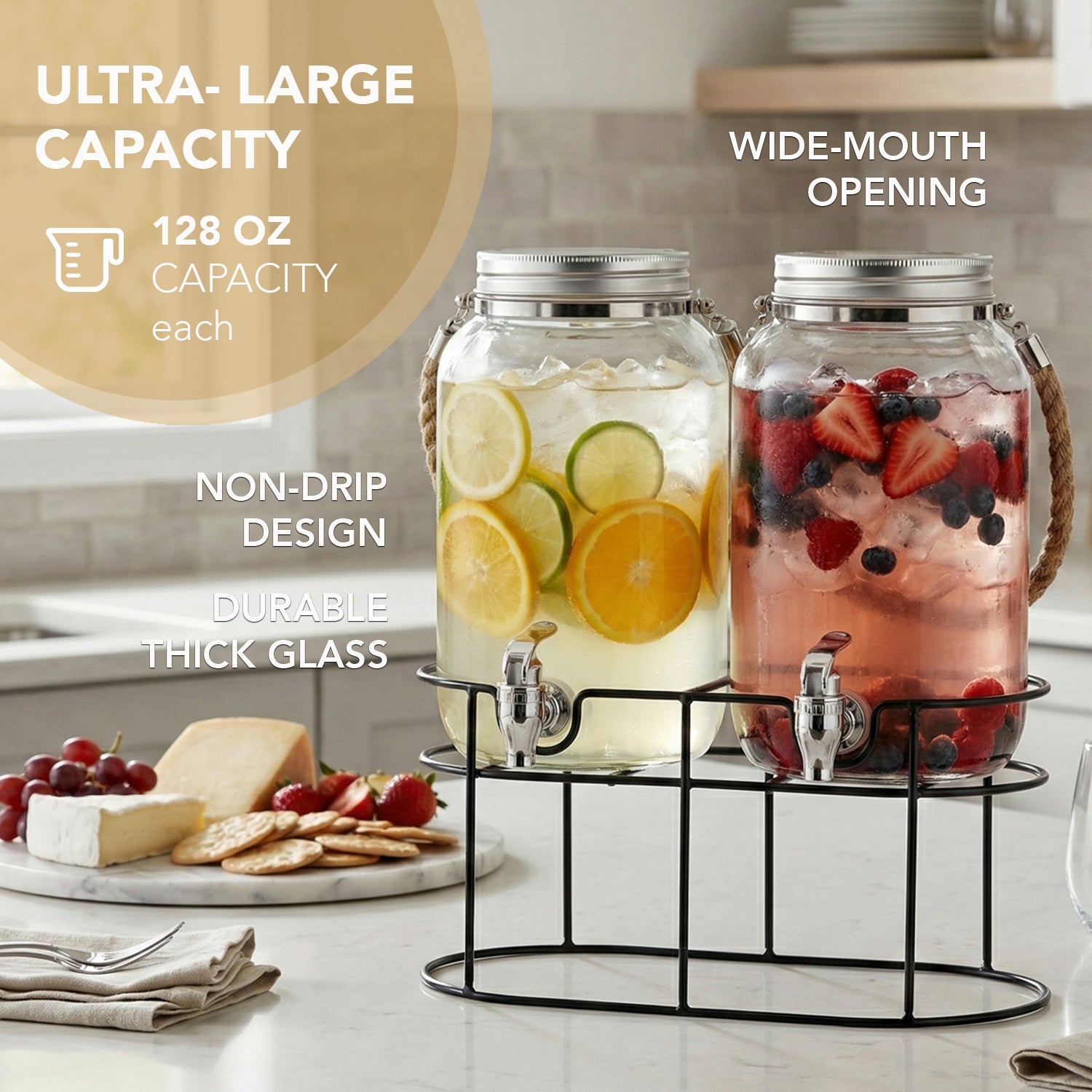 Trent Chalkboard Beverage Dispenser Set with stand & Rope Handle 1 Gal Each
