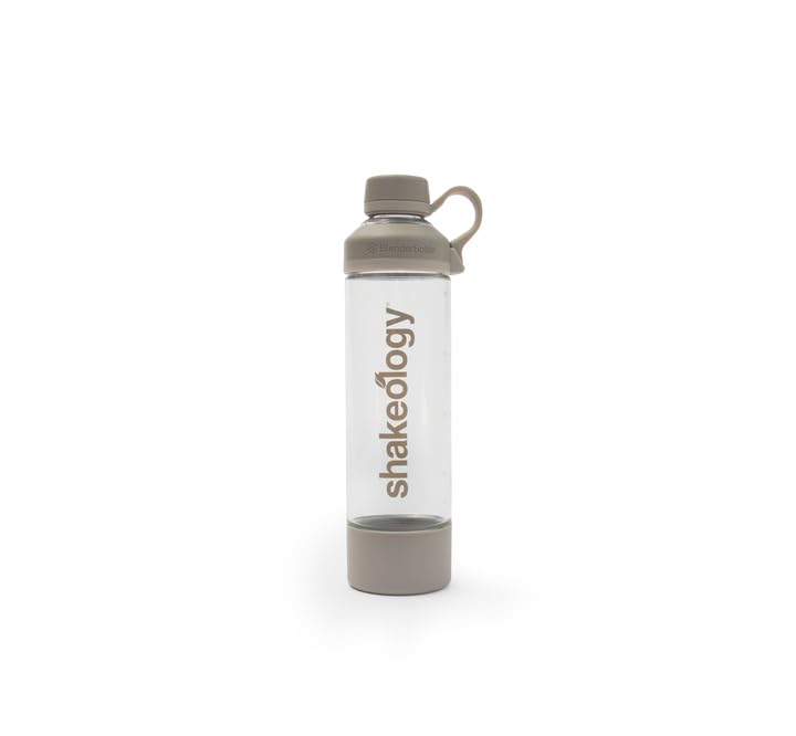Shakeology Glass Water Bottle, 18 fl oz, Reusable, Durable, Non Slip Silicone Bottom Sleeve, Twist Off Cap Lid and Easy to Carry