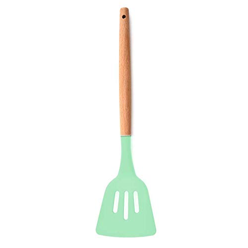 Spatlus Woodtula Kitchen Silicone Slotted Turner With Wooden Handle, NonStick Cookware Heat Resistant Kitchen Utensil Tools Gre