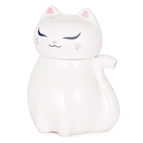 Happy Sales Hssd-Cat2Wht, Japanese Style 4 Fl. Oz. Earthenware Ceramic Oil Dispenser Ponzu Vinegar Dispenser Shoyu Soy Sauce Dis