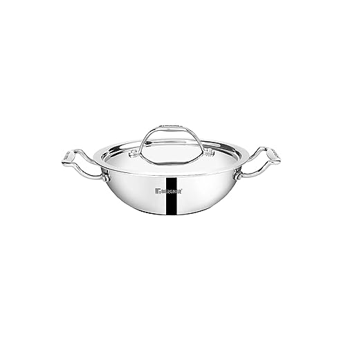 Bergner Argent Junior Chef Triply Stainless Steel 18 cm Kadai with Stainless Steel Lid, 1.5 L Kadhai/Indian Wok, Durable Cookwar