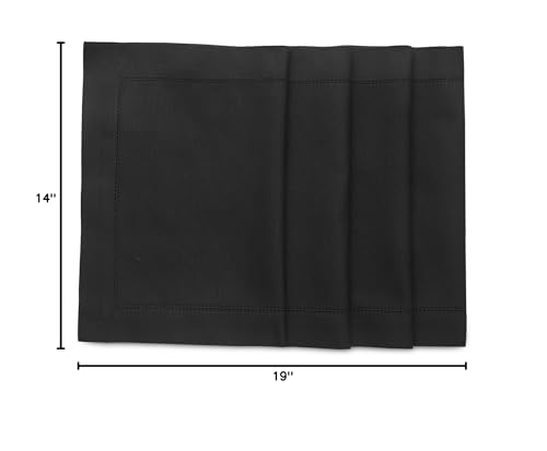 Solino Home Placemats 19'' L X 14'' W Inch - Cotton Linen Hemstitch Black Cloth Placemats Set Of 4 - Washable Fabric Place Mats