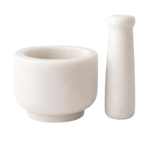 White Marble Mortar and Pestle Set for Kitchen | Khalbatta, Kharal, Imam Dasta, Okhli Musal | Spice, Herbs, Garlic, Ginger & Chu