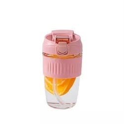 Wosta Travel Mug, Glass Coffee Cup With Leakproof Lid, Glass Reusable For Hot Cold Coffee,Tea, NonSlip (Pink, 450 Ml)