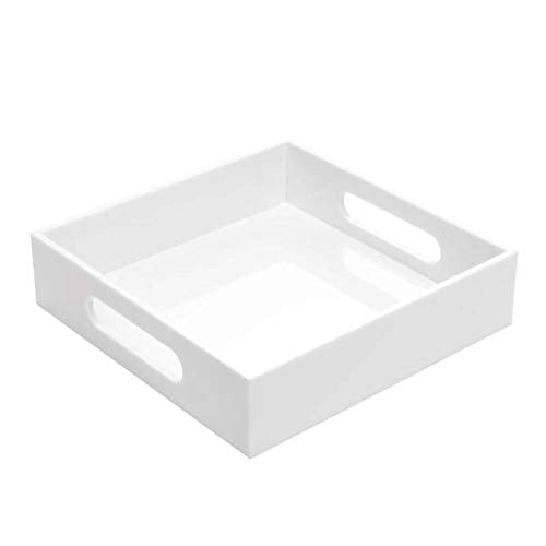 Kevlang White Sturdy Acrylic Tray With Handles-8X8 Inch- Countertop Organizer Tray For Kitchen,Bathroom,Office- Storage Box For