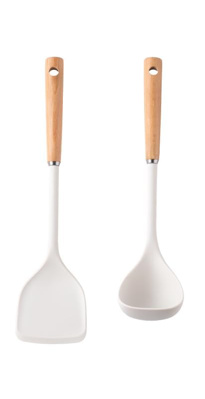 Whisket Nonstick Solid And Slotted Wooden Handle Spatula Set | Heat Resistant Silicone Kitchen Spoons For Cooking, Serving, Bast