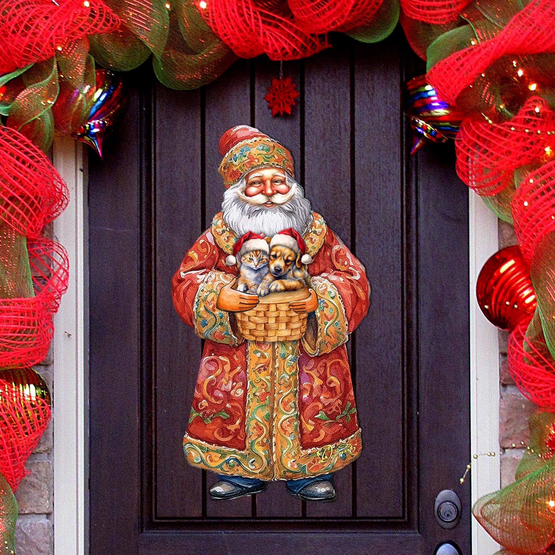 Yuletide Pets with Santa Holiday Door Decor by G. Debrekht - Christmas Santa Snowman Decor - 8691406H