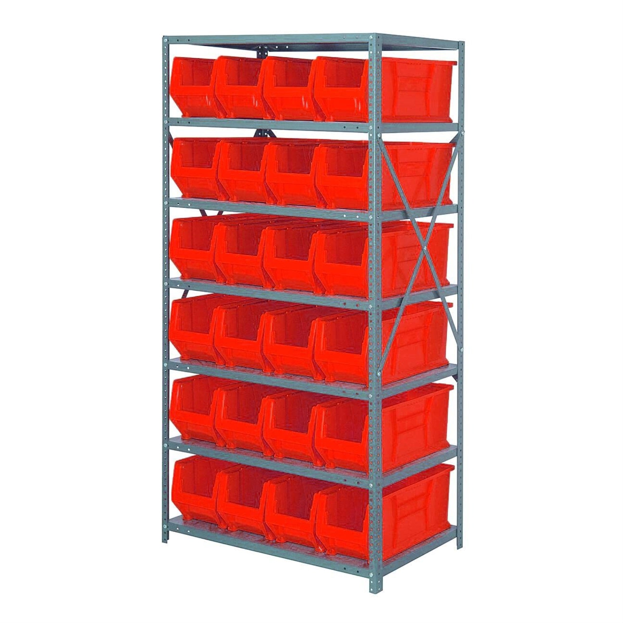 Quantum 2475-951Rd Shelving Unit, 24D X 36L X 75H, Carbon Steel, Galvanized With Red Bins