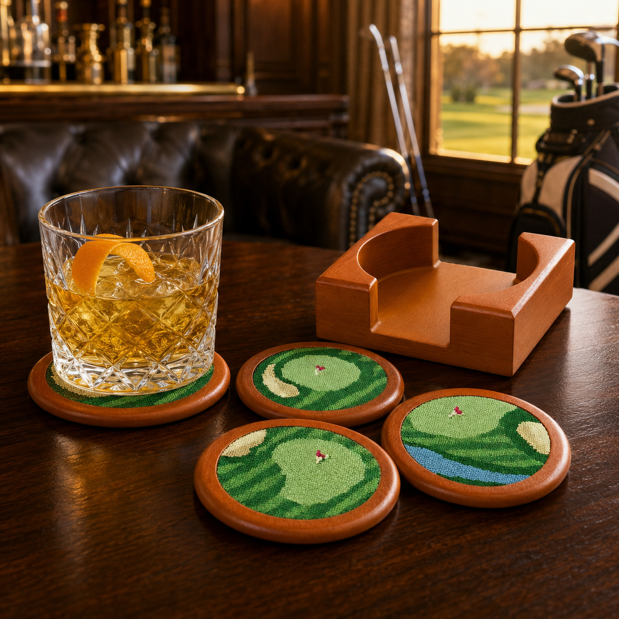 Golf Coasters, Durable Wooden Drink Coasters with Holder