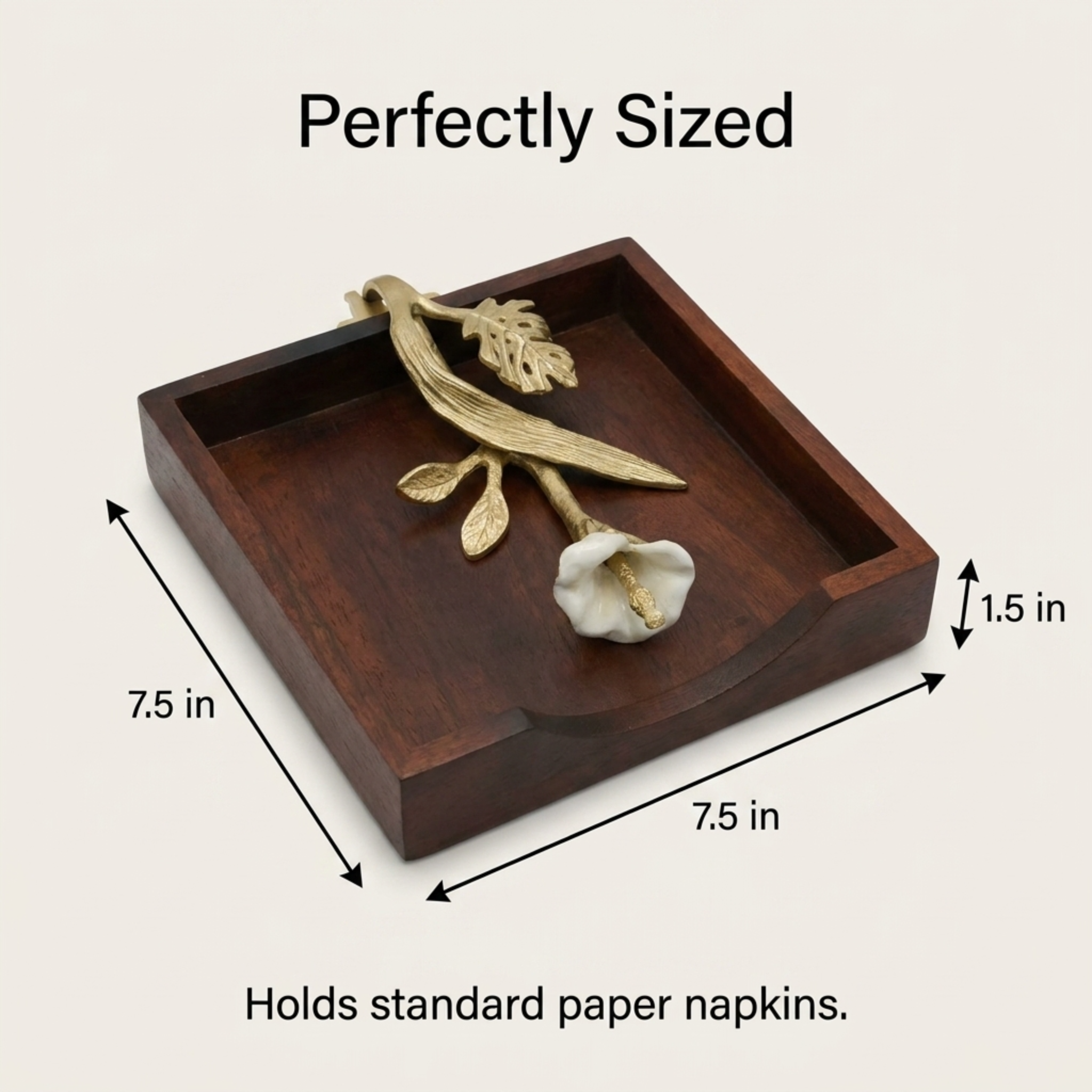 Wooden Napkin Holder – Solid Wood Serviette Holder with Gold Finish Ornament
