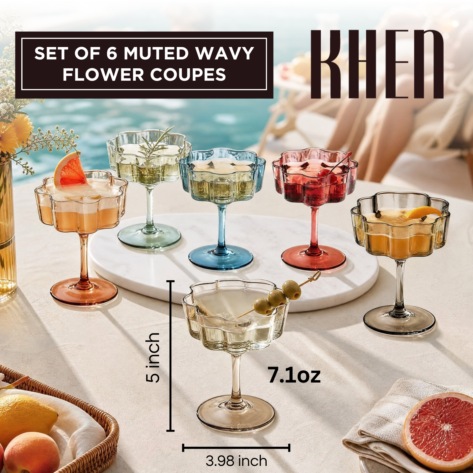 Flower Wave Coupe Cocktail Colored Glasses | Set of 6 | Muted Colors