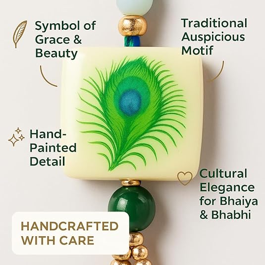 Premium Designer White Peacock Resin Rakhi Set of 2 with Roli Chawal for Bhaiya Bhabhi – Traditional Lumba Set, Thread Rakhi with Stones – Ideal Raksha Bandhan Gift