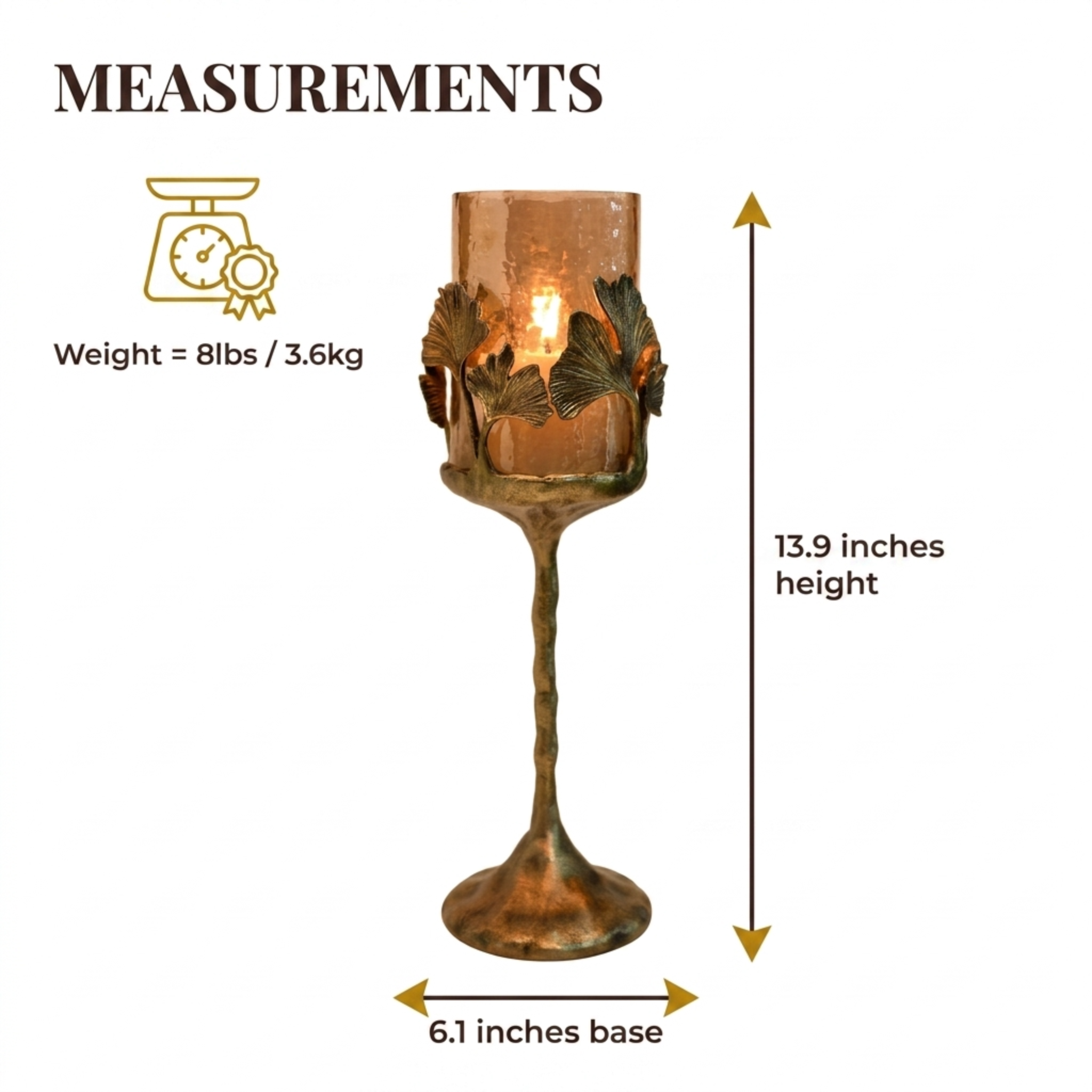 Gold Candle Holder - Glass Hurricane with Gingko Leaf Design for Indoor Decor