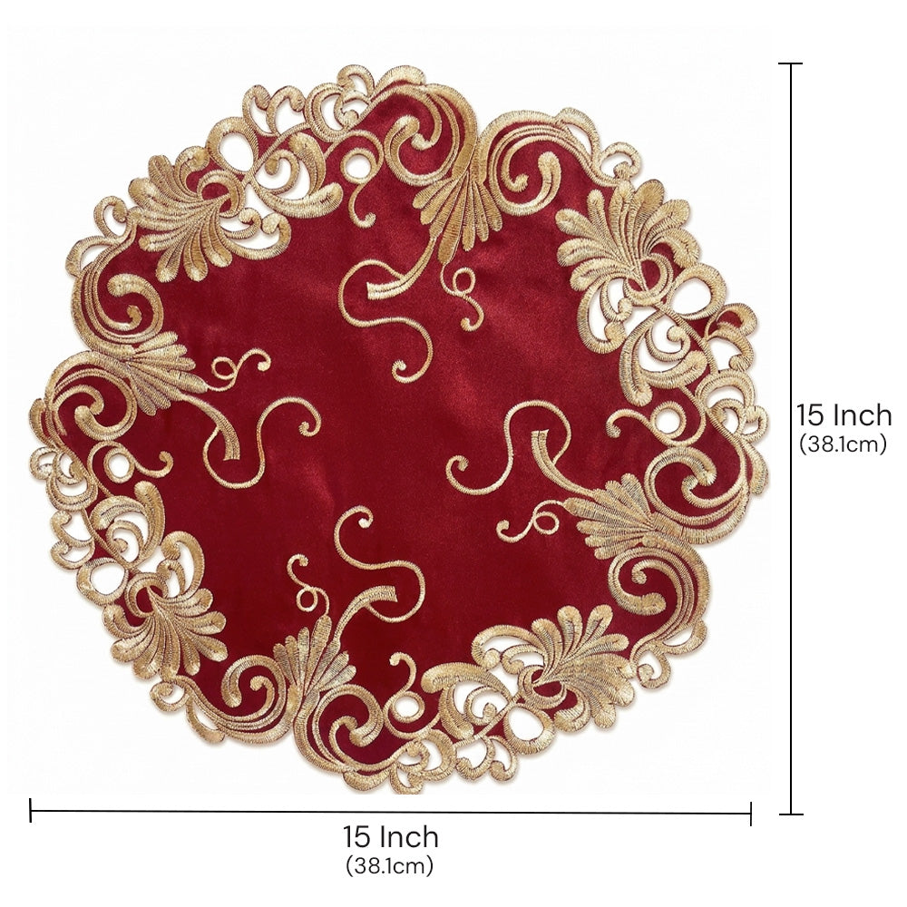 Burgundy Gold Doilies – 15 Inch Polyester Embroidered Table Doilies | Chantelle Collection