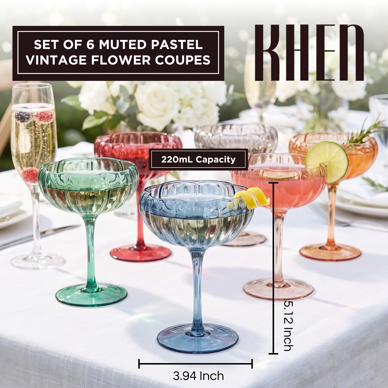 Flower Coupe Cocktail Colored Glasses | Set of 6 | Muted