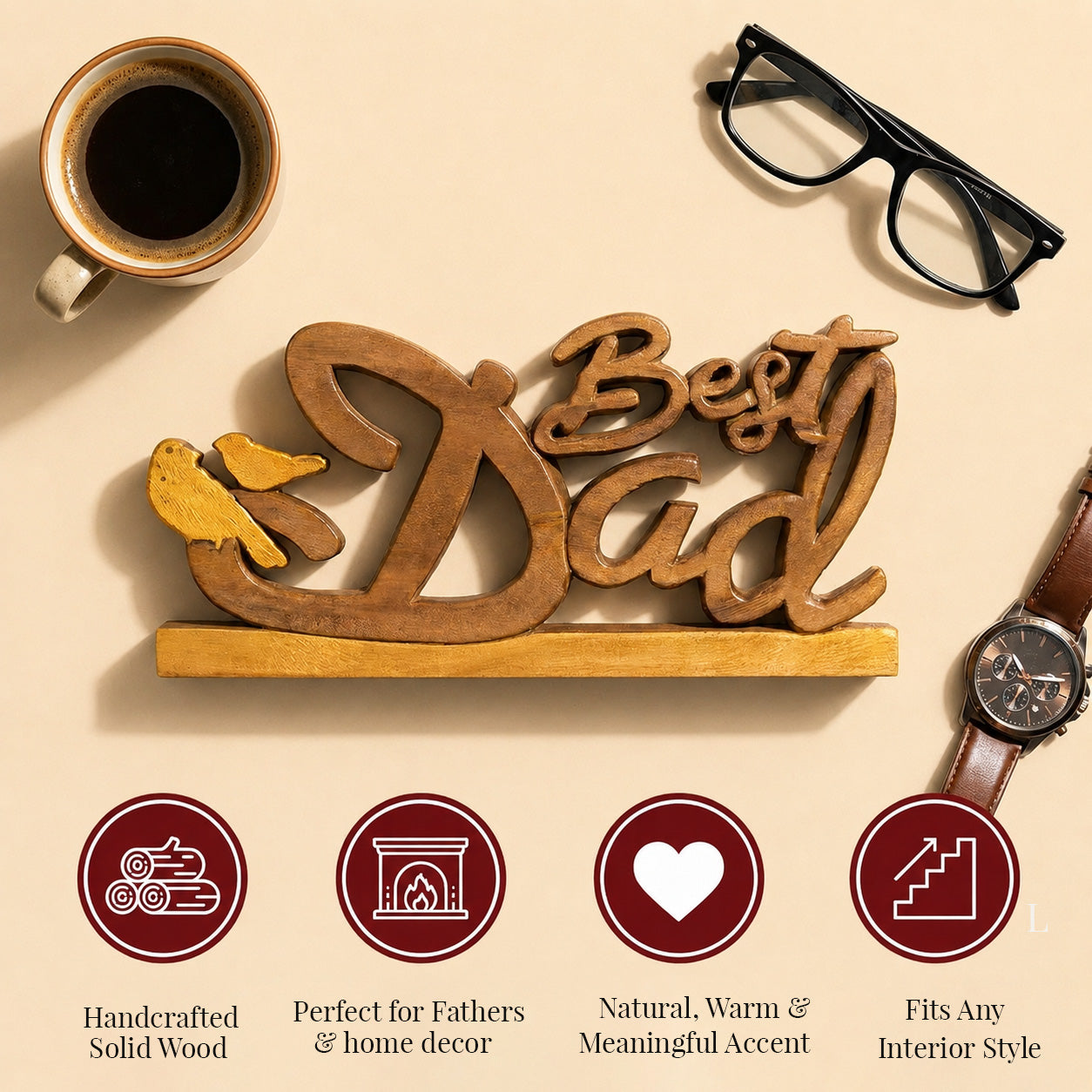 Handmade Wooden Sculpture – Best Dad Gift | Solid Acacia Wood Art Plaque