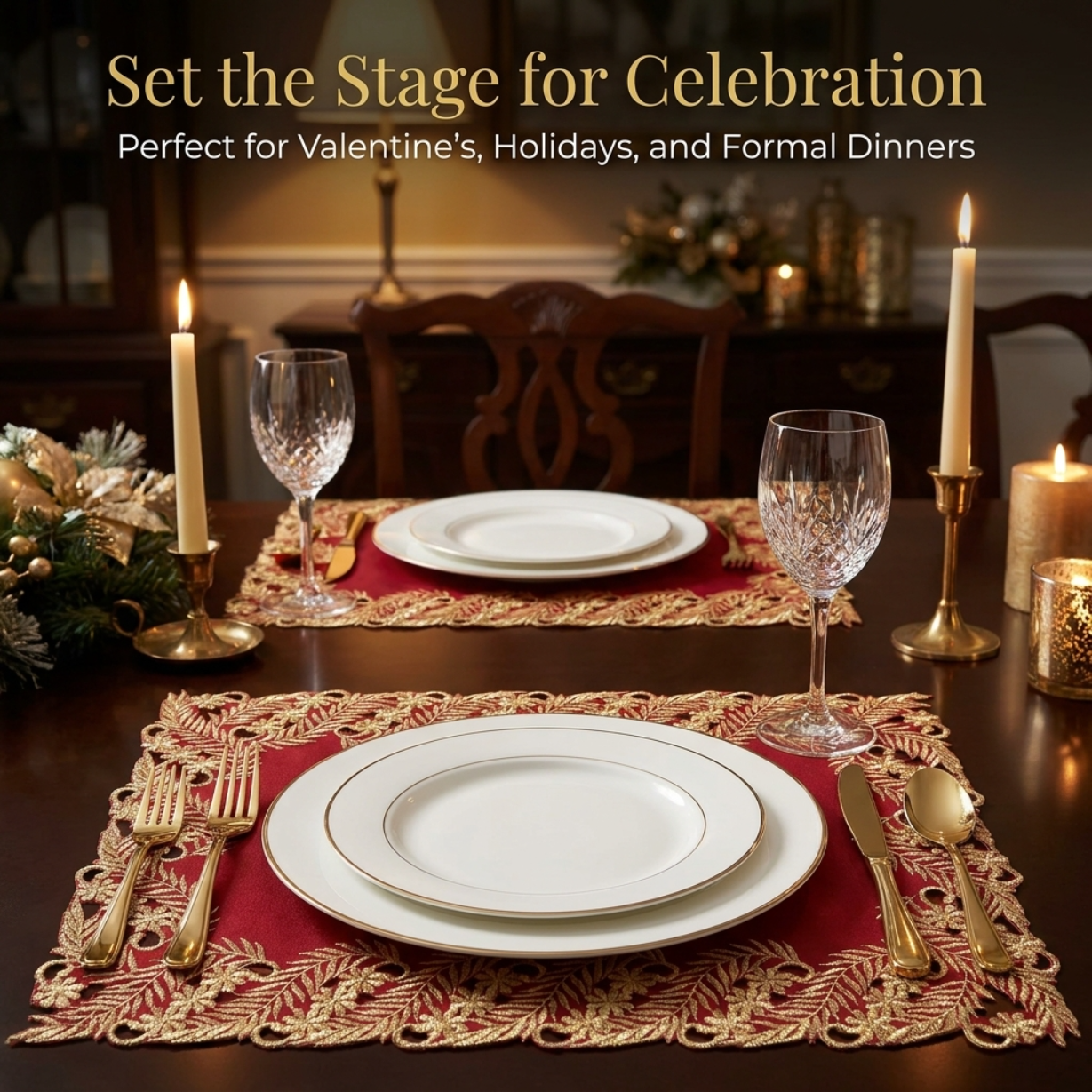 Burgundy Gold Placemats – Embroidered Table Placemats 12x18 Inch | Rustic Dining Mats