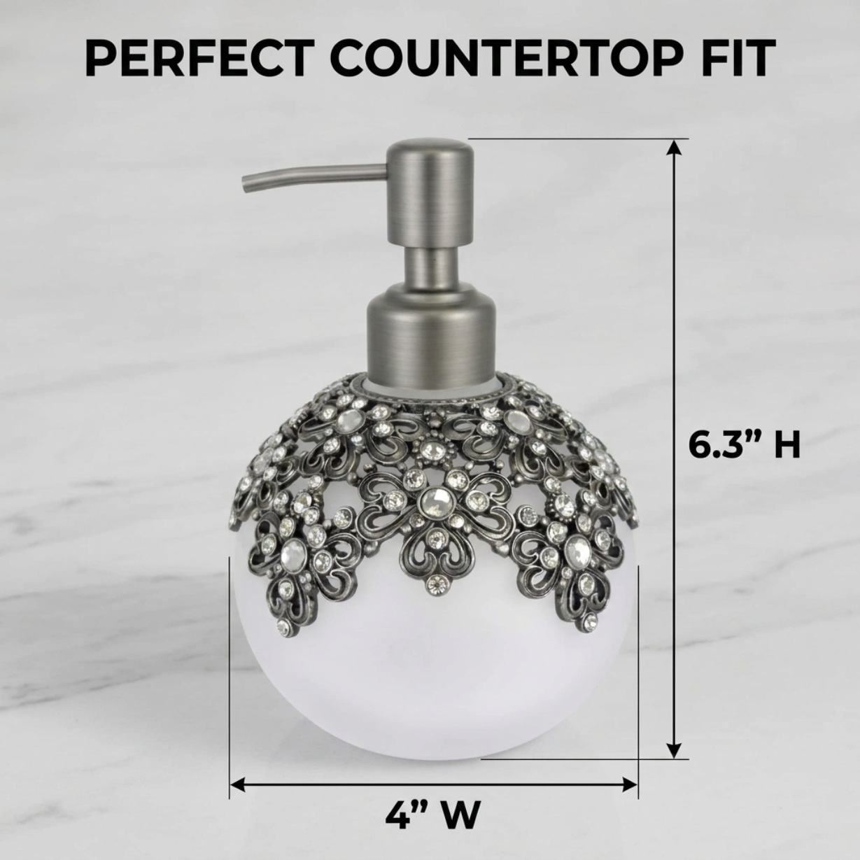 Soap Dispenser – Frosted Glass Bathroom Lotion Pump with Pewter & Rhinestones