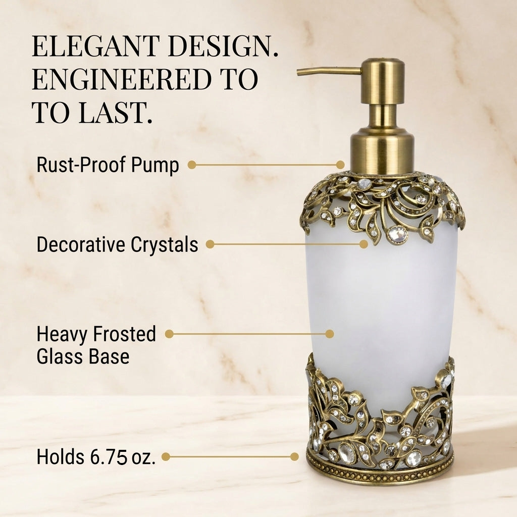 Soap Dispenser - Frosted Glass Bathroom Decor Item With Pewter Finish & Rhinestone Embellished