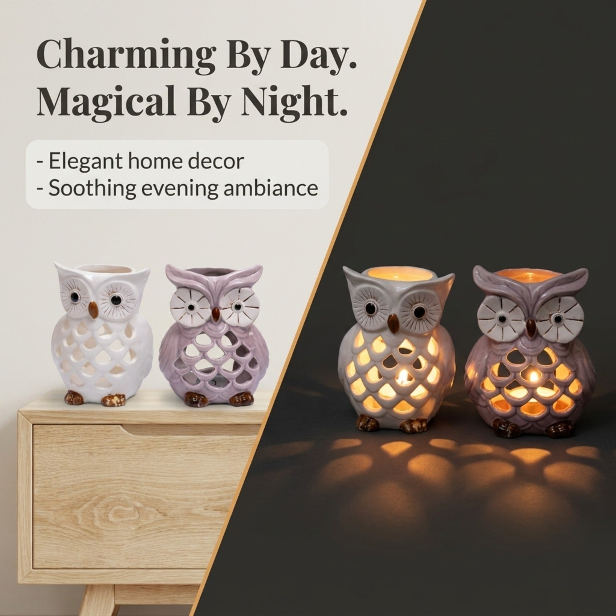 Owl Tea Light Holder - Rustic Decorative Candle Holders Set of 2 for Indoor & Outdoor