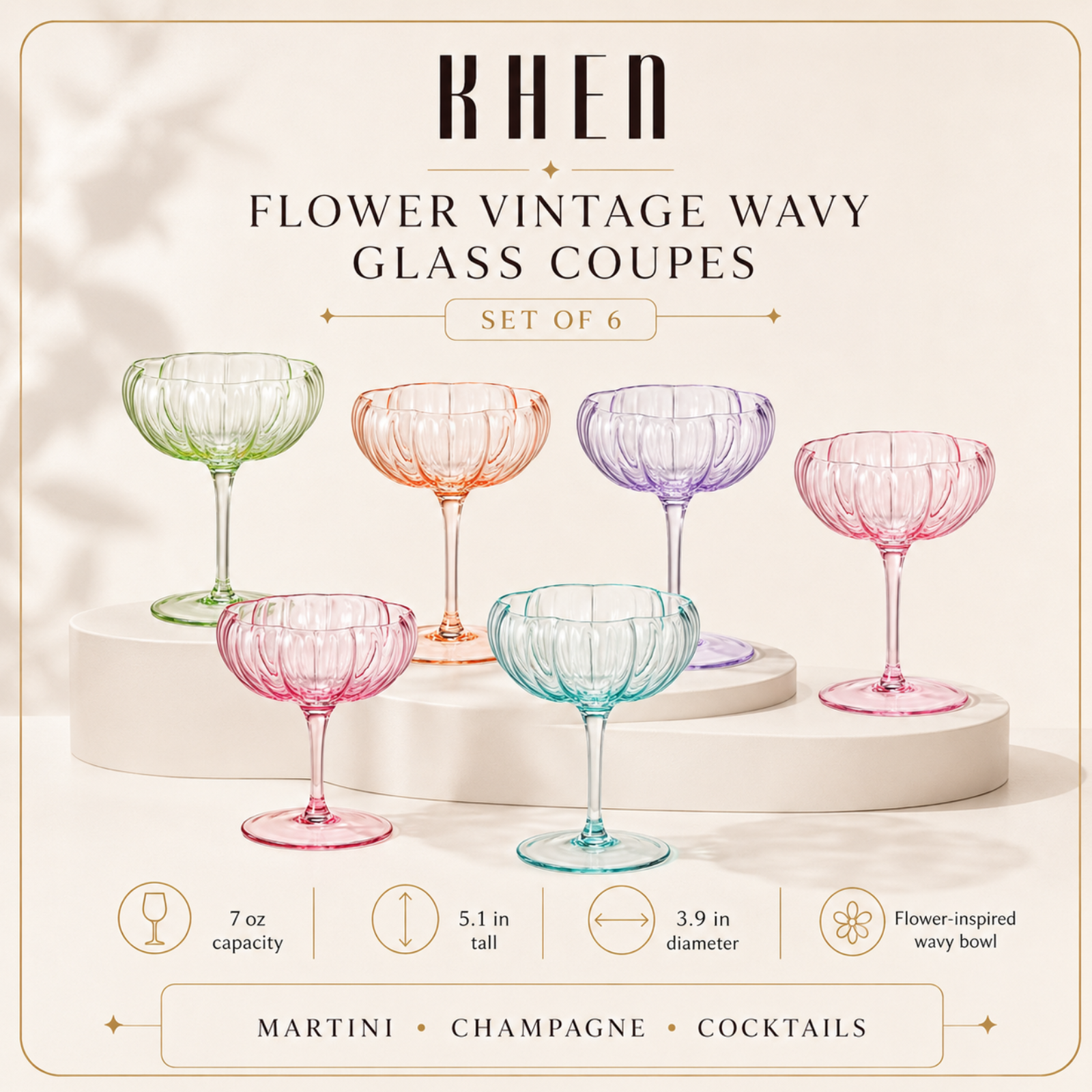 Flower Coupe Cocktail Glasses | Set of 6 | Bright Colors